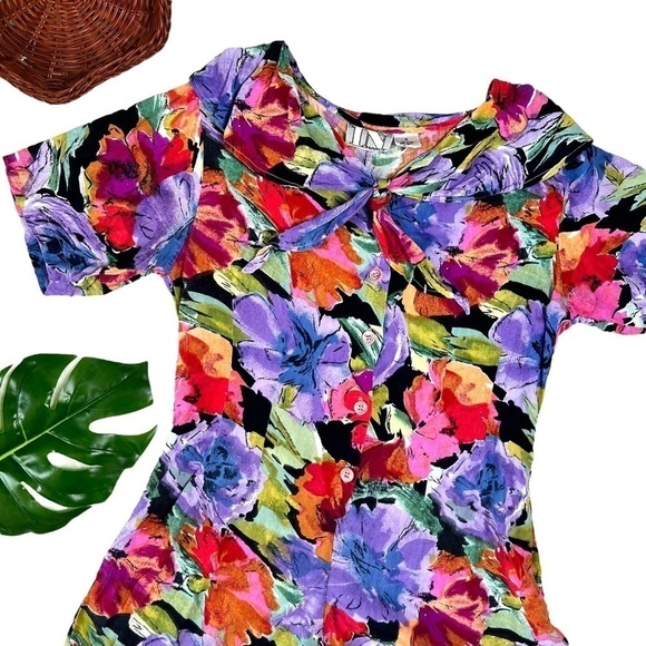 In Charge Vintage 90s Retro Colorful Floral Print Short Sleeve Romper Medium - Picture 2 of 16